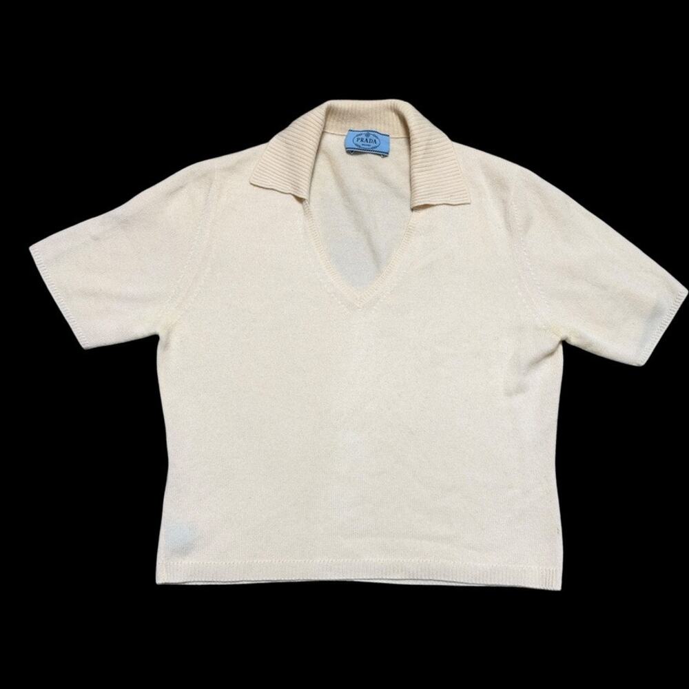 Vintage 90s Prada Cropped Polo Sweater Cashmere Cream Short Sleeve Sz 44 M